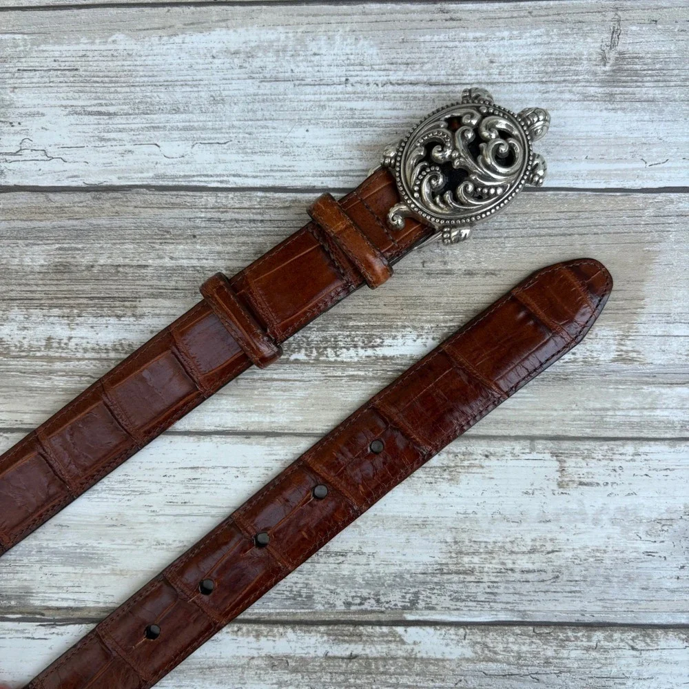 Brighton‎ Belt 30 Brown Crocodile Embossed Leather Silver Turtle Buckle Tortoise